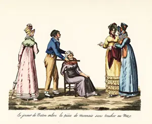 Diversion Prints: Magician using a baton to remove a coin from a woman's nose, Par