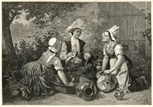Three maids cleaning pots