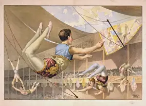 Trapeze Prints: Five male trapeze artists performing at a circus