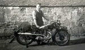 Man with 1935 BSA Sports Blue motorcycle