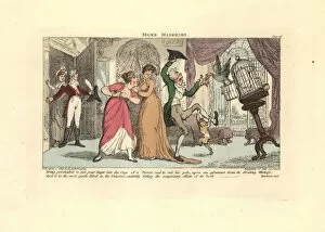 Regency Collection: Man being attacked by a parrot and cat in a drawing room
