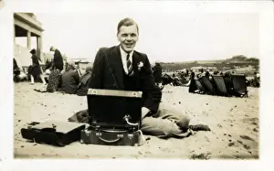 Man of Beach with Portable Gramophone