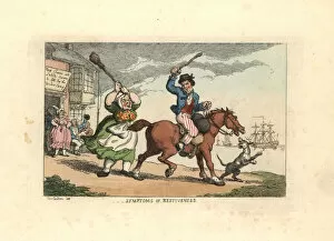 Hare Gallery: Man beating a stubborn horse with a cudgel, while