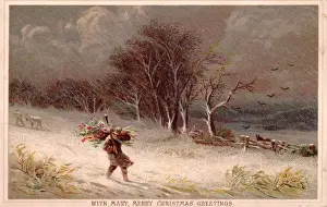 Berries Prints: Man carrying holly through the snow on a Christmas card