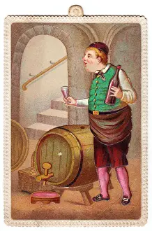 Man in cellar on a comic German greetings card