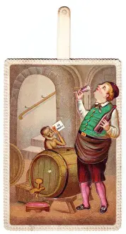Man in cellar on a comic German greetings card