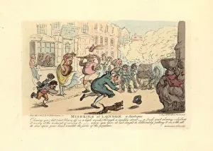 Chasing Collection: Man chasing his hat down a muddy street in a high wind