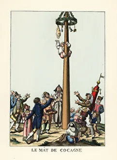 Contest Prints: A man climbing a greasy pole for a prize, France, 19th century