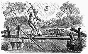 A man crossing a bridge with his dog in stormy weather has his hat blown off. Wood engraving by Thomas Bewick. Date: C.1790 Man and dog crossing bridge in stormy weather