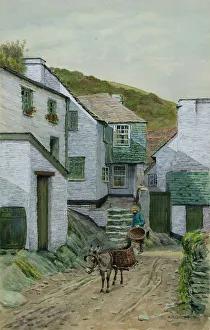 Whitewashed Prints: Man and donkey in Polperro, Cornwall
