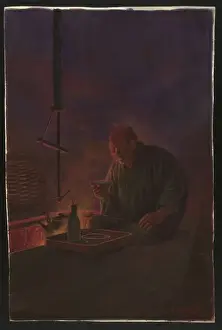 Sake Prints: Man drinking sake before the hearth