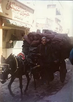 Signage Collection: Man driving a Horse and cart with black sacks on a street in