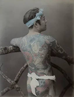 Tattoo Prints: Man with elaborate full body tattoo and loin cloth, Japan