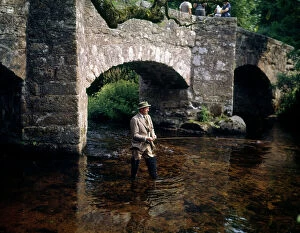 Angling Gallery: Man fishing, Fingle Bridge, Dartmoor National Park, Devon