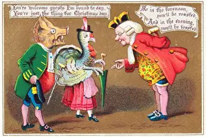 Hogs Prints: Man greeting hog and turkey on a Christmas card