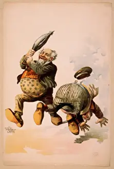 Man holding umbrella and another man falling