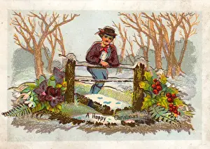 Stile Prints: Man leaning on stile on a Christmas card