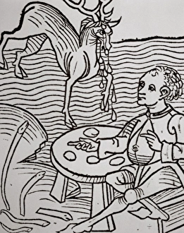 A Man looking for a deer tears for being aphrodisiac. Xilogr A Man looking for a deer tears for being aphrodisiac. Xilogr