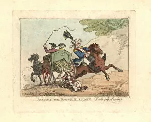 Man losing control of his mount while passing a carriage
