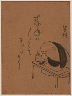 A man or monk seated at a table, leaning on his arms, possib A man or monk seated at a table, leaning on his arms, possib