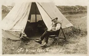 Blackpool Prints: Man outside tent, Lucas Holiday Camp, Norbreck, Blackpool