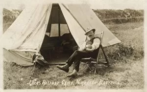 Images Dated 3rd August 2016: Man outside tent, Lucas Holiday Camp, Norbreck, Blackpool
