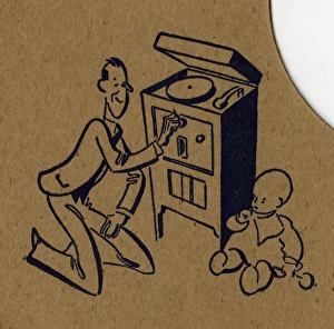 Man plays gramophone record for baby