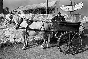 Aran Gallery: Man in pony and trap beneath a road sign on Innishmore