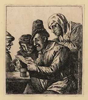 Rembrandt Prints: Man reading a letter to an audience at a table in a tavern, 17th