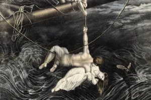Ship Wreck Prints: Man rescuing woman and baby from the sea during a shipwreck