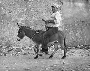 Man riding a small donkey