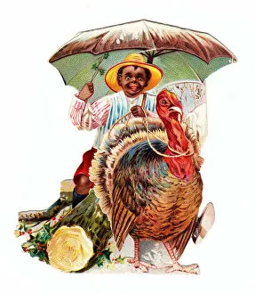 Images Dated 25th June 2018: Man riding a turkey on a cutout Christmas card
