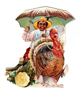 Man riding a turkey on a cutout Christmas card