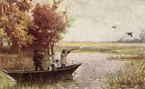 Ducks Prints: Man Shooting Ducks from Boat in Swamp Date: 1910