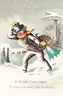 Struggling Prints: Man in the snow and wind on a Christmas card