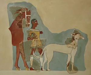 Mycenaean Collection: Man standing holding the reins of a horse with a dog before