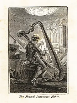 Workplace Prints: Man stringing a harp in a music workshop