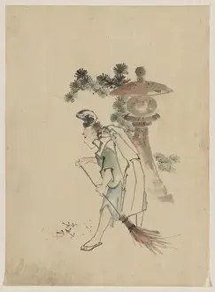Needles Prints: A man sweeping pine needles that have fallen from a tree nea