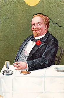Buttonhole Prints: Man at a table on a comic greetings card