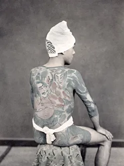 Man with tattoos, tattooed back, Japan, c. 1880 s