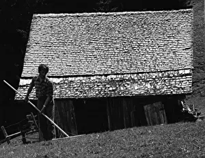 Tending Prints: Man tending the grass near a chalet in Switzerland