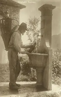 Gatherer Prints: A Man of Ticino re-fills his water bottle - Switzerland