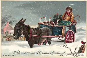 Man transporting six geese on a Christmas card