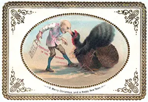 Man with a turkey on a comic Christmas and New Year card