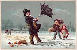 Man with umbrella in the snow on a Christmas card