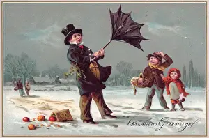Laugh Prints: Man with umbrella in the snow on a Christmas card