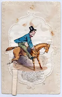 Man on an unruly horse on a comic greetings card