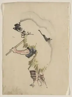 A man walking to the left, wearing a large conical hat and a