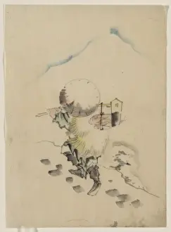 Dipper Prints: A man, wearing a conical hat, a straw or feather outer garme