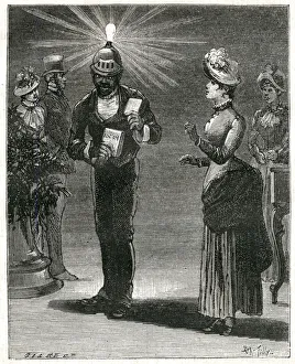 Man wearing Edison's electric lamp on his head, Philadelphia Man wearing Edison's electric lamp on his head, Philadelphia